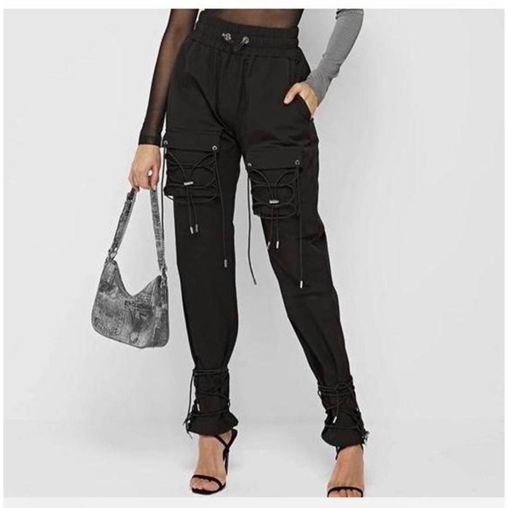 Maniere De Voir Black Lace Up Cargo Joggers Bungee Cord Utility Pants Size 8